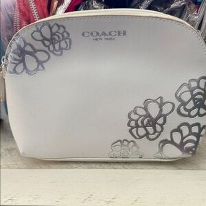 Coach Medium White Cosmetic Bag with Silver Floral Design EUC